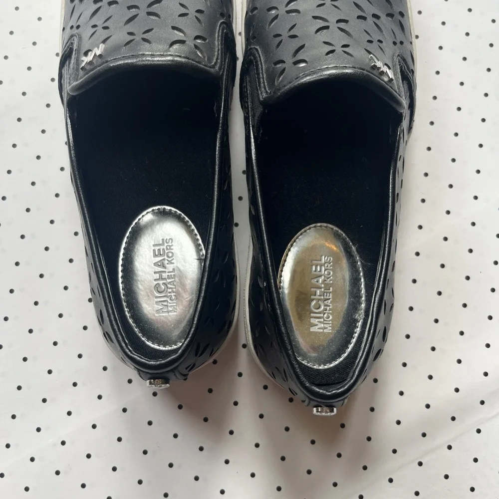 Michael Kors Slip On Sneakers Black Floral Cutout Platform Casual Shoes 8M